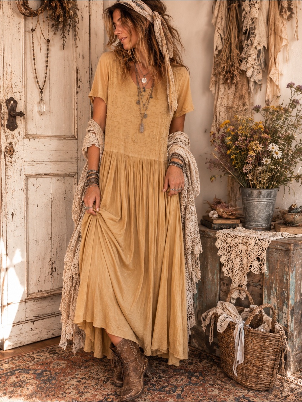 Vintage Style Mustard Yellow Embroidered Maxi Dress SZ S